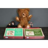 Two Beatrix Potter wooden jigsaw puzzles together with Teddy Bear with growler and a hand puppet.
