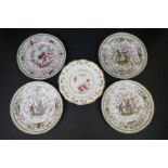 Five Cabinet Plates decorated with Birds and Flowers, three with gold anchor mark, one with blue /