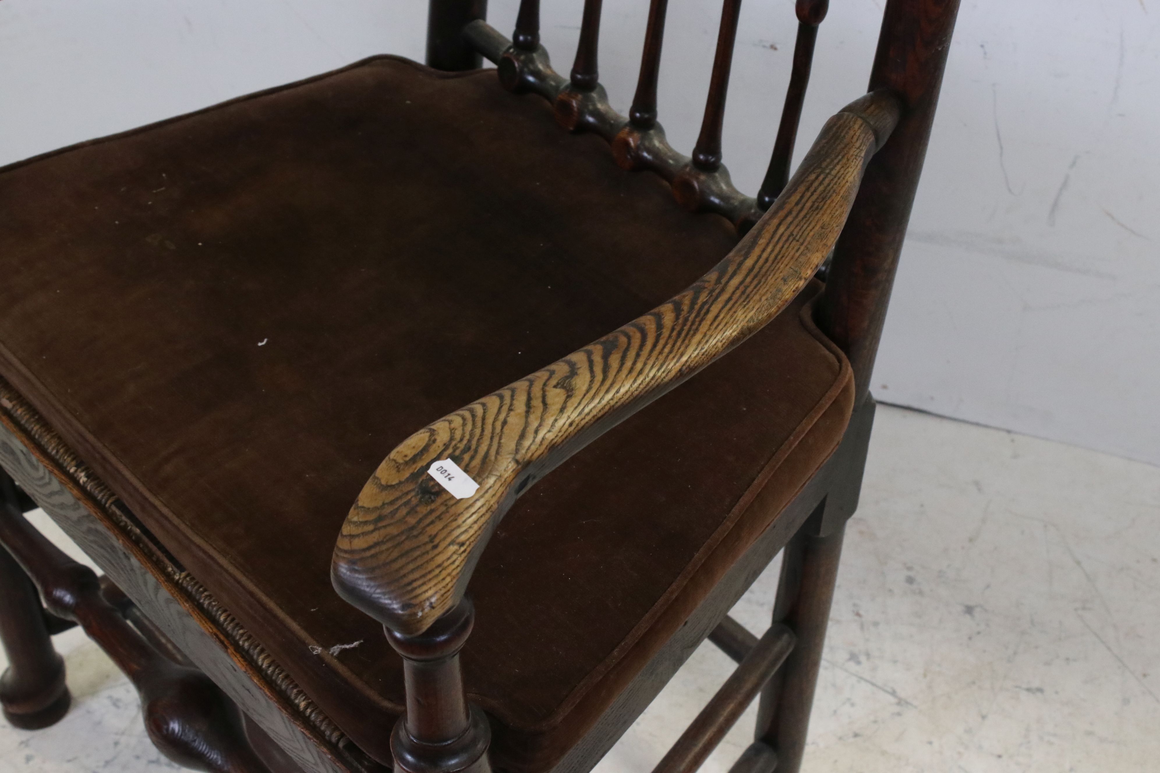 Late 18th century ash and elm armchair with spindle back, rush seat and tapered legs joined by - Image 3 of 4