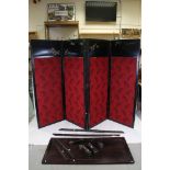 Late 19th / Early 20th century Ebonised Four Fold Screen with Red Fabric Panels, each panel 171cms x