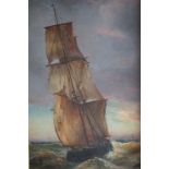 Early 20th oil on canvas tall ship in choppy sea, 36 x 23 cm.