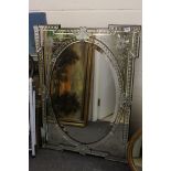 Venetian style Rectangular Mirror with central oval panel and etched detail, 114cms x 85cms