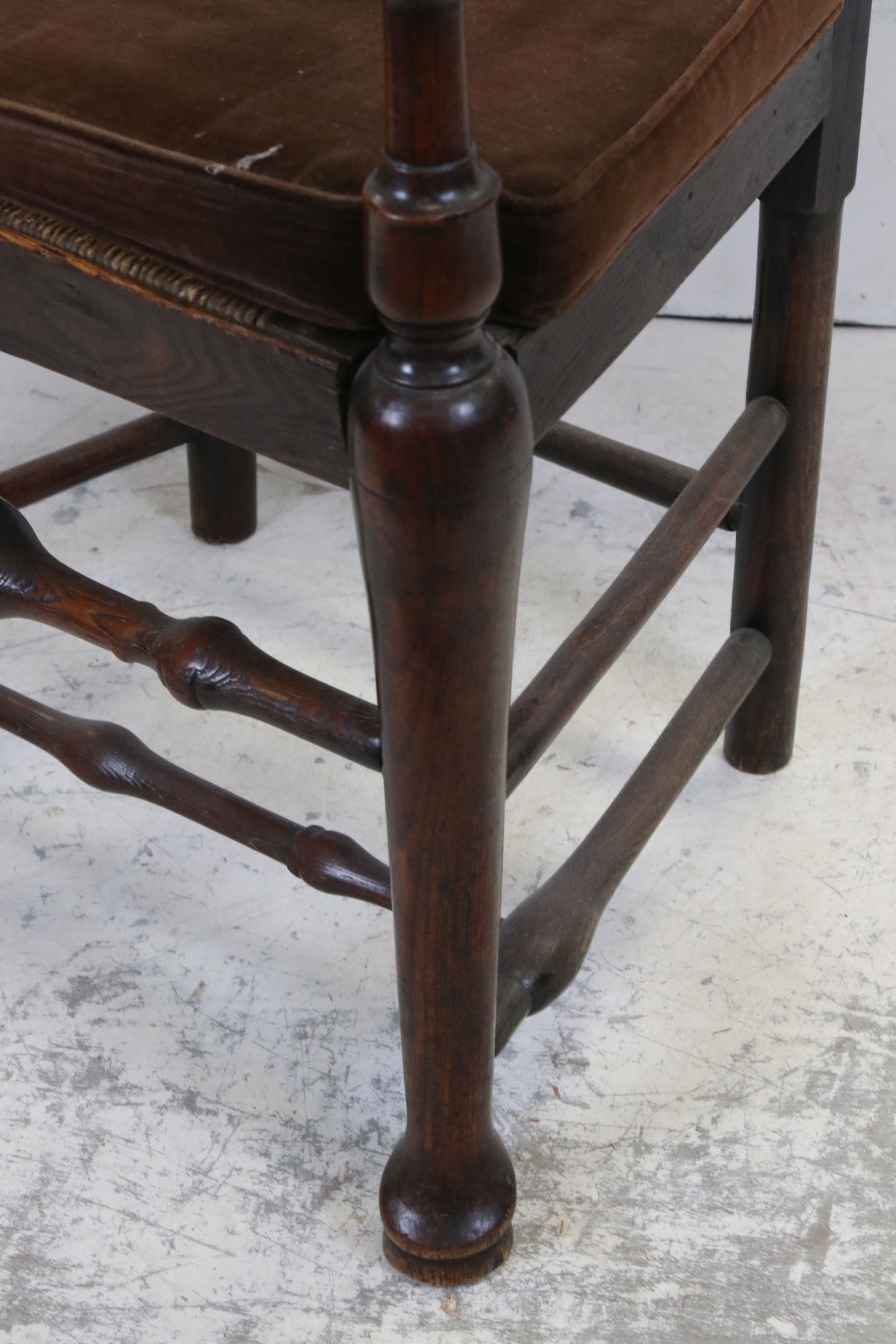 Late 18th century ash and elm armchair with spindle back, rush seat and tapered legs joined by - Image 4 of 4
