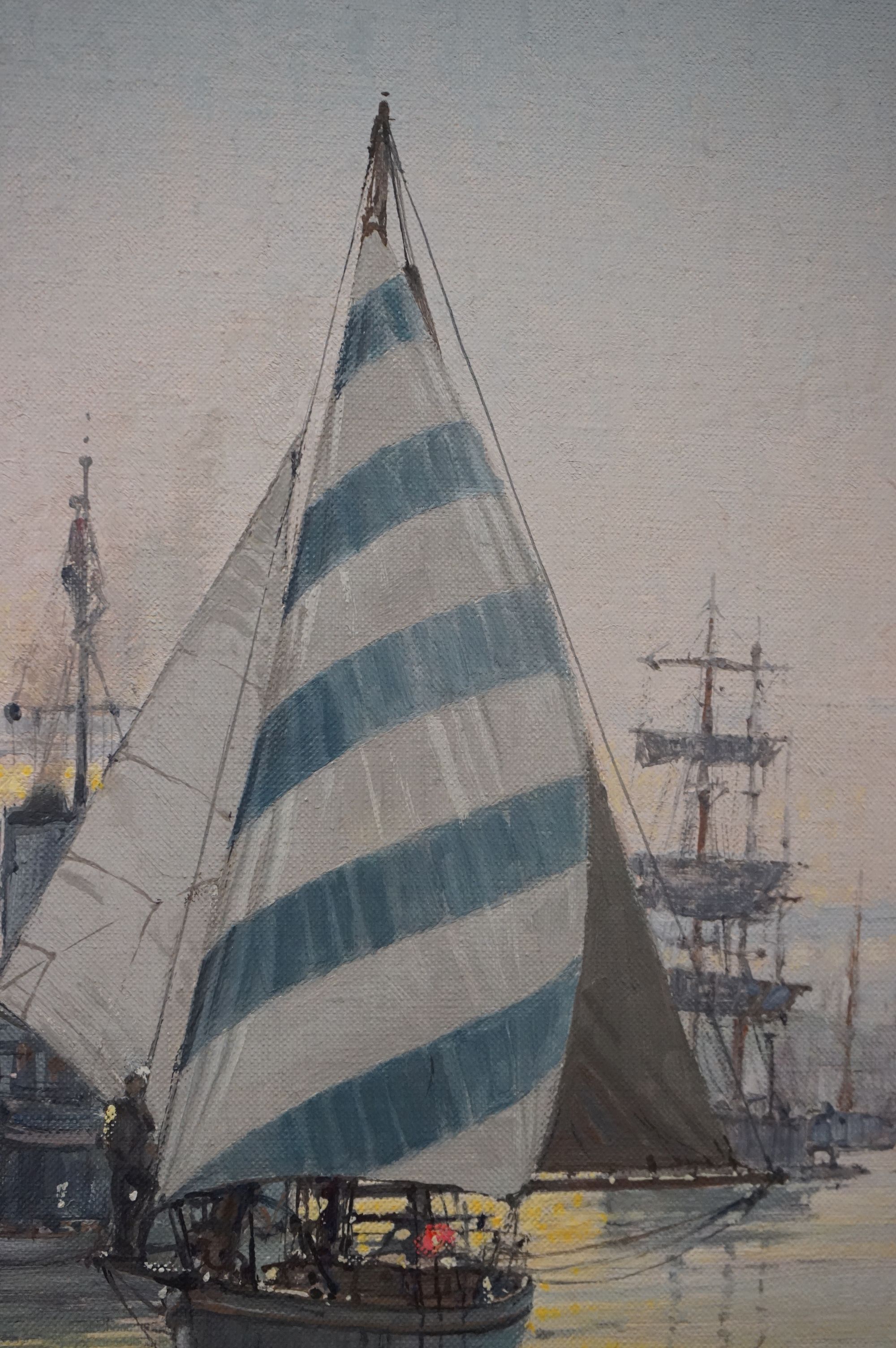 Frank Shipsides (1908-2005), oil on canvas ships in an Estuary titled verso Evening on The Dart - Image 5 of 5