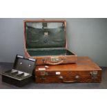 A cased artists palette together with a leather document case and a metal cash box.