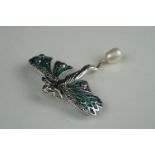 Silver plique-a-jour Art Nouveau style brooch, with pearl drop