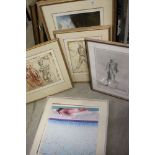 Collection of Seven Pictures including Museum poster, 'Man Laying By a Swimming Pool' - print
