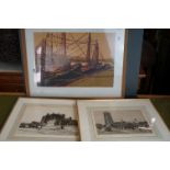H J Jackson Lino Cut print titled Fish Wharf signed in pencil together with two engravings by