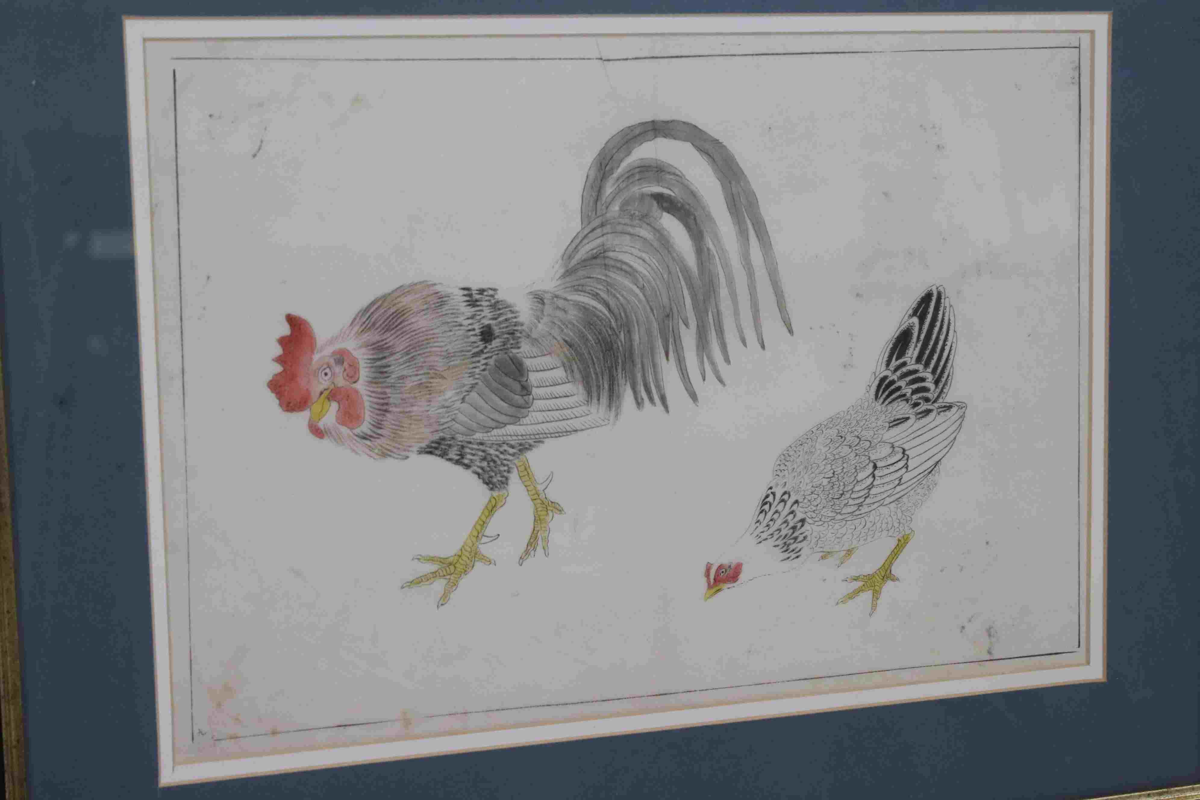 Oriental School, three antiques to include a watercolour of a cockerel and hen - Image 3 of 4