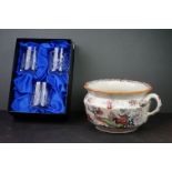 A Masons chamber pot with oriental decoration together with three boxed crystal cut glasses.