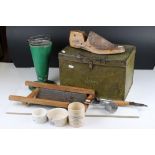 A box of mixed collectables to include advertising paste pots, shoe last and a quantity of