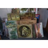 Large quantity of oil paintings on canvas, to include landscapes, together with a chromolithograph