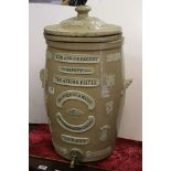 Victorian drab glazed Atkins patent Stoneware water softener, with lid and spigot tap, body