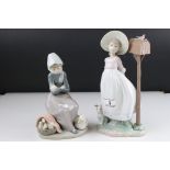 Two Lladro figures in the form of girl with duck and ducklings and a girl with dog by post box.