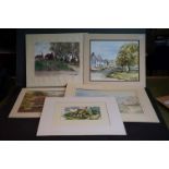 John Grove watercolour, a tranquil river scene with sailboats, together with four watercolours of