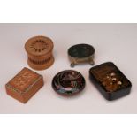 A paper mâché lacquer ware snuff box together with a moss agate trinket boxer cloisonné box and