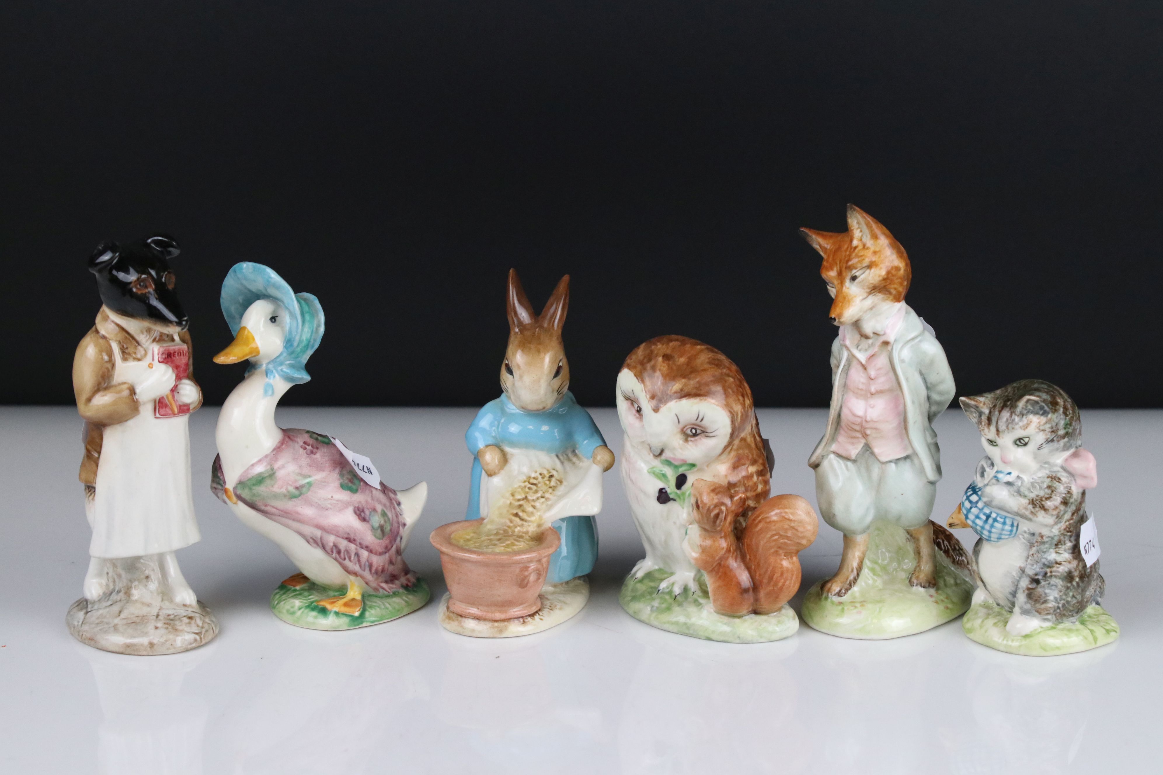 Six Early Beswick Beatrix Potter Figures, all with gold oval backstamps, including Pickles, Cecily