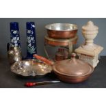 A box of mixed collectables to include Copperware and glass vases.