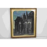 19th century French School Figures by a gothic cathedral, mixed media on paper, canvas backing,
