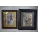 A framed and glazed naive painting of a street scene with figures and a pencil drawing harbour scene
