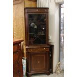 Regency style Mahogany Inlaid Corner Cabinet, the upper section with single astragel glazed door,
