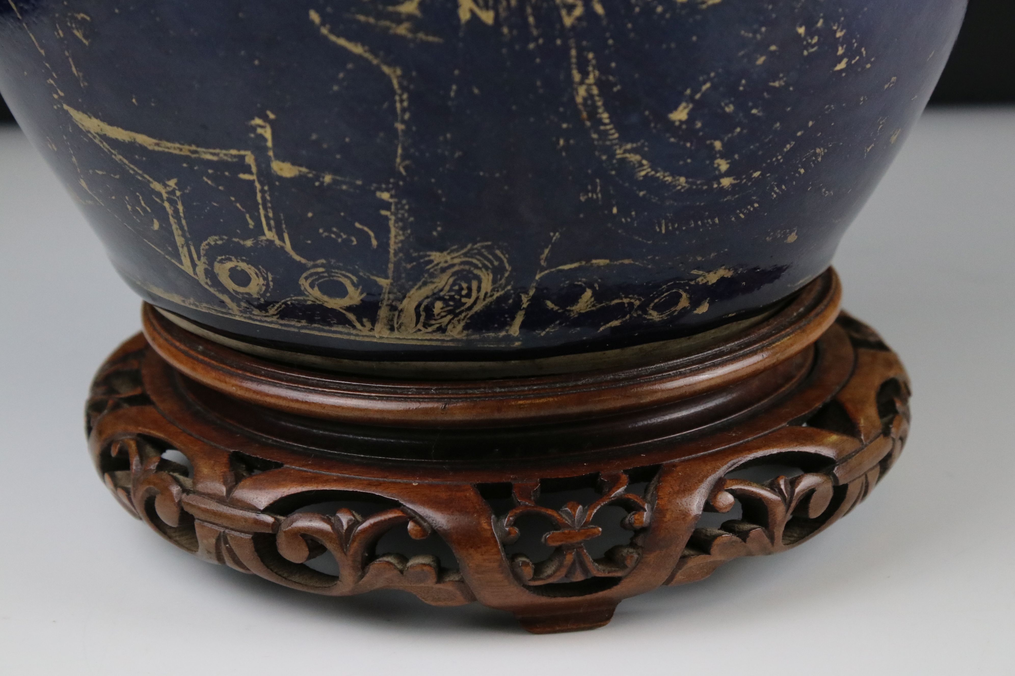 Chinese Blue ground ovoid lidded Vase with rubbed gilt decoration, 22 cm tall together with a carved - Image 2 of 6