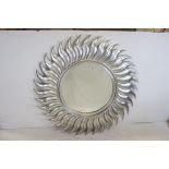 Large Modern Silver Coloured Sunburst Framed Mirror, 120cms diameter