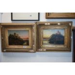 Hunt - pair of oil on board paintings of Highland scenes with castles, signed 22 x 29 cm.