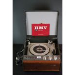 Vintage HMV portable record player, with original instruction booklet