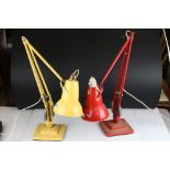Two vintage angle poise lamps in yellow and red.