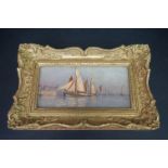 J Payne 1916, oil on board, a gilt framed coastal view of sailboats and tug boat in calm waters,