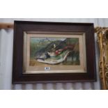 Oak framed oil painting of a pike & freshwater fish on a riverbank