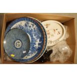 A box of mixed ceramics to include oriental plates, decorative cat figures and a baby's plate.