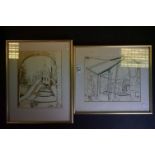 John Skelton 1923 -1999 MBE FRBS two framed and glazed drawings of interior scene and street scene