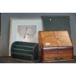 A mixed lot to include a wooden desk tidy / letter holder and a framed picture of a dancing lady.