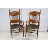 Pair of Arts and Crafts Chairs, the deep back rails carved with a garland of blue bells, stick