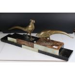 Art Deco Pair of Spelter Pheasant mounted on a stepped marble plinth, 72cms long