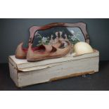 A group of mixed collectables to include a wooden tray with embroidered peacocks, an ostrich egg and