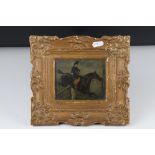 Small gilt framed oil painting of a lady on horse jumping a gate, 10 x 12 cm.