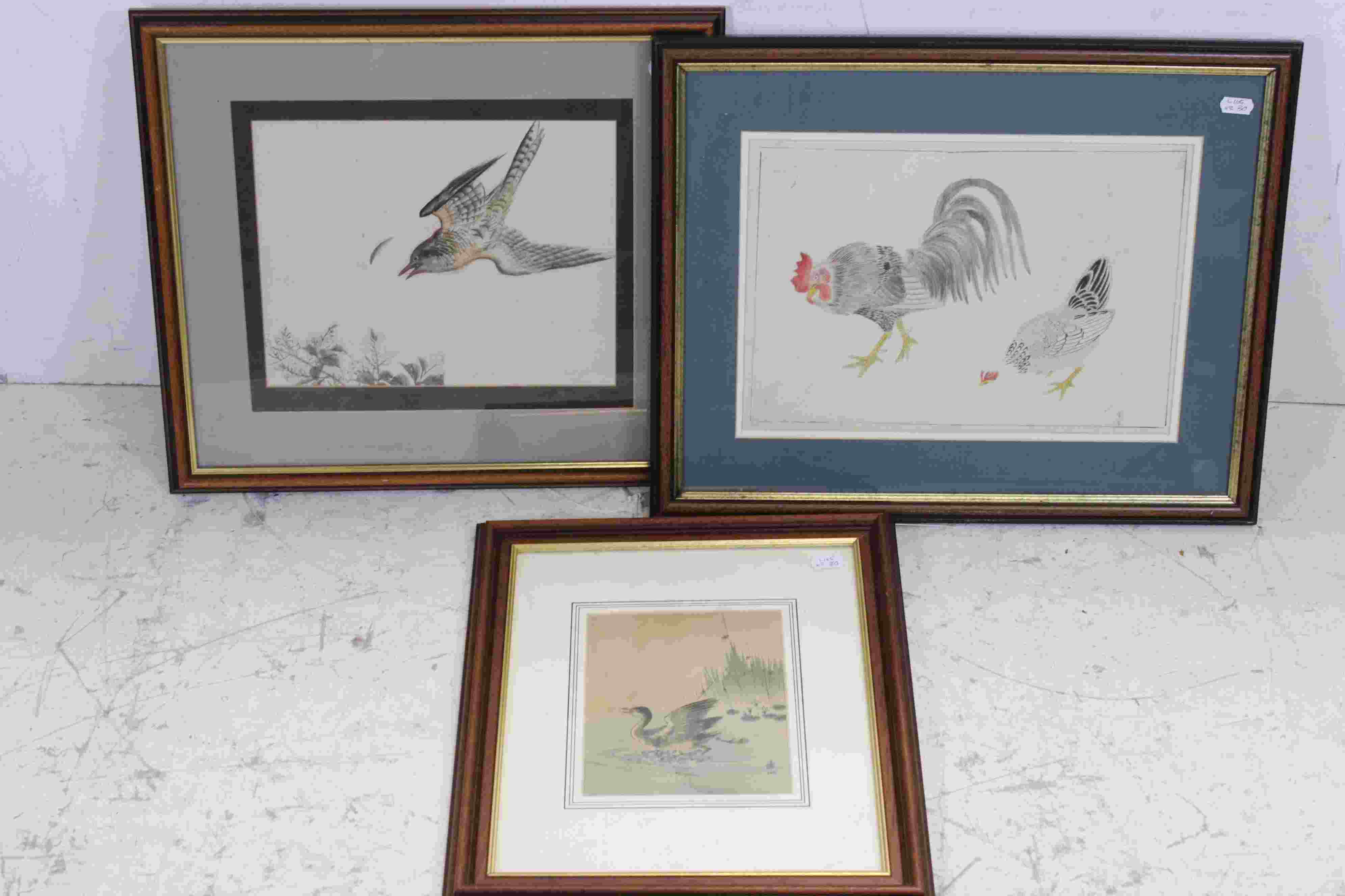 Oriental School, three antiques to include a watercolour of a cockerel and hen