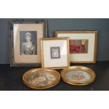 Two antique gilt framed oval Prints together with a small watercolour of an interior scene etc.