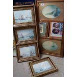 Vintage hall mirror with paintings of sailing boats together with Four framed reproduction prints of
