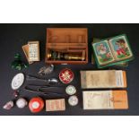 A box of mixed collectables to include a small quantity of sterling silver, dominoes, enamel box and