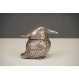 White Metal Box / Inkwell in the form of a Kingfisher, 8cms high