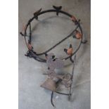 Wrought iron game/pots and pans hanging rack together with a cockerel doorbell