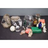 A box of mixed collectables to include a malachite paper weight, a stamp roller and a quantity of