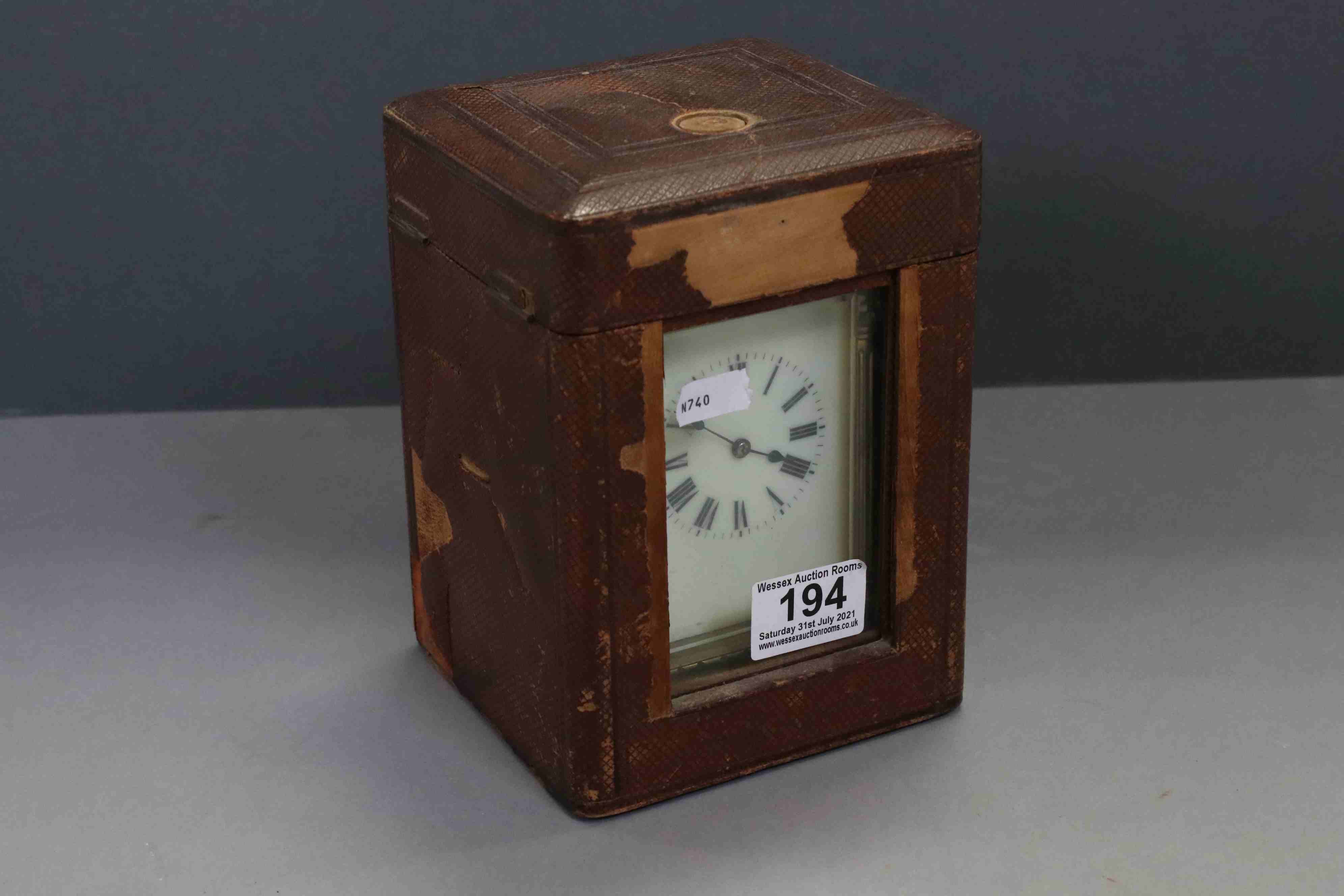 A large French brass cased repeater carriage clock with enamel dial and original travel case. - Image 9 of 9