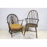 Ercol Low Open Armchair together with an Ercol Style Windsor Bow Arm Stickback Elbow Chair