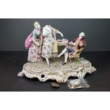 Continental Porcelain Figure Group of Two Georgian Ladies and a Gentleman in a Boudoir, cross-swords