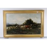 Antique gilt framed oil on canvas painting, cattle in a rural landscape with indistinct signature